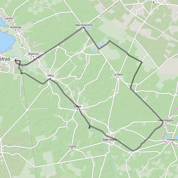 Miniatua del mapa de inspiración ciclista "Ruta Marcheprime - Le Teich - Belin-Béliet" en Aquitaine, France. Generado por Tarmacs.app planificador de rutas ciclistas