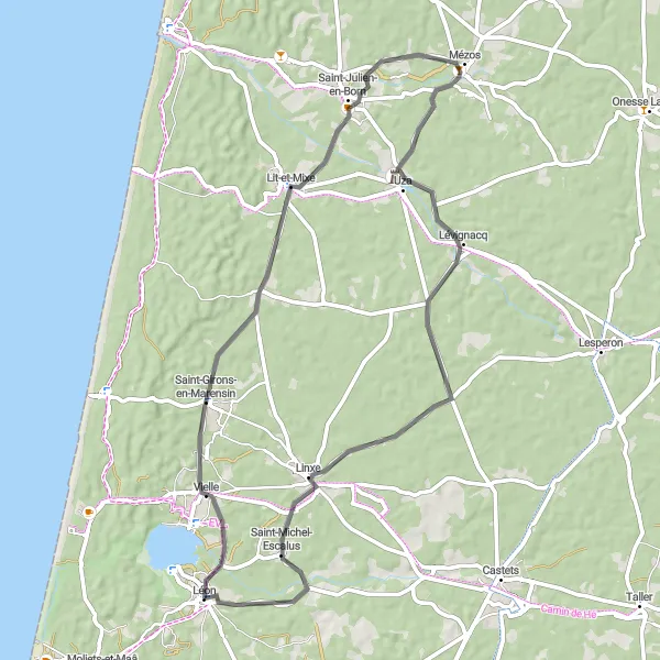 Map miniature of "Léon - Lit-et-Mixe Loop" cycling inspiration in Aquitaine, France. Generated by Tarmacs.app cycling route planner