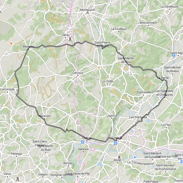 Miniature de la carte de l'inspiration cycliste "Tour de Coutras" dans la Aquitaine, France. Générée par le planificateur d'itinéraire cycliste Tarmacs.app