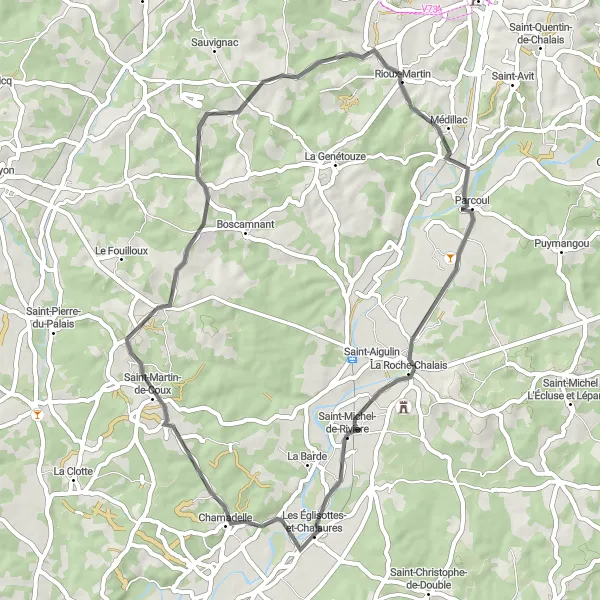 Map miniature of "Scenic Route with Rural Charm" cycling inspiration in Aquitaine, France. Generated by Tarmacs.app cycling route planner