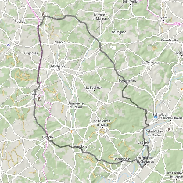 Map miniature of "La Clotte and Boscamnant Highlights" cycling inspiration in Aquitaine, France. Generated by Tarmacs.app cycling route planner