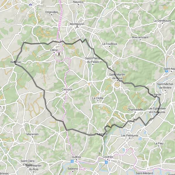 Map miniature of "Scenic Ride through the Countryside" cycling inspiration in Aquitaine, France. Generated by Tarmacs.app cycling route planner