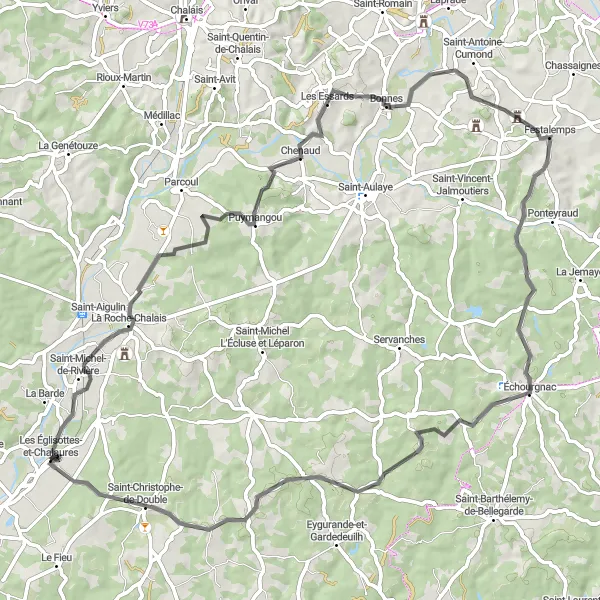 Miniature de la carte de l'inspiration cycliste "Cycling Excursion in the Aquitaine Countryside" dans la Aquitaine, France. Générée par le planificateur d'itinéraire cycliste Tarmacs.app