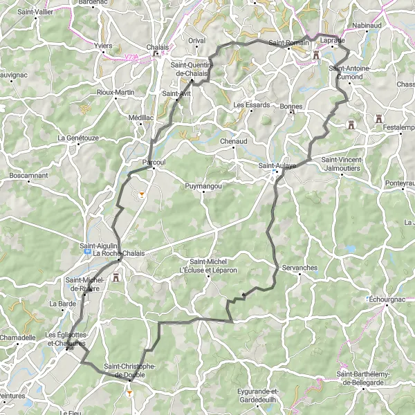 Miniature de la carte de l'inspiration cycliste "Boucle de Saint-Michel" dans la Aquitaine, France. Générée par le planificateur d'itinéraire cycliste Tarmacs.app