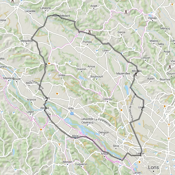 Miniature de la carte de l'inspiration cycliste "Escapade champêtre autour de Lescar" dans la Aquitaine, France. Générée par le planificateur d'itinéraire cycliste Tarmacs.app