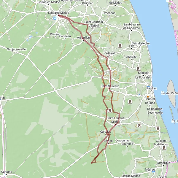 Map miniature of "Medoc Gravel Adventure" cycling inspiration in Aquitaine, France. Generated by Tarmacs.app cycling route planner