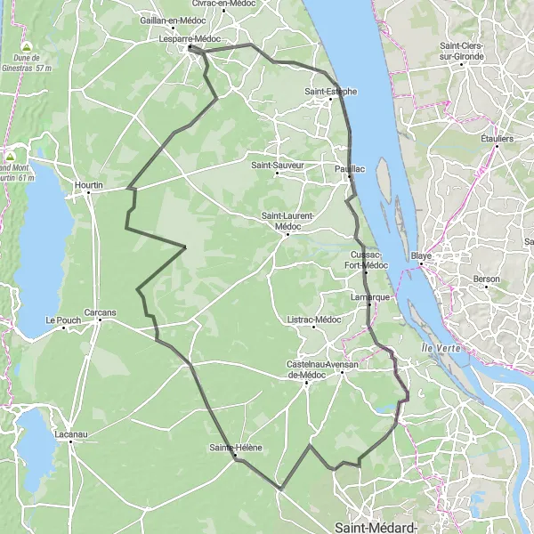 Map miniature of "Lesparre Médoc - Saint-Seurin-de-Cadourne - Pauillac - Arcins - Arsac - Salaunes - Brach - Couyras Loop" cycling inspiration in Aquitaine, France. Generated by Tarmacs.app cycling route planner