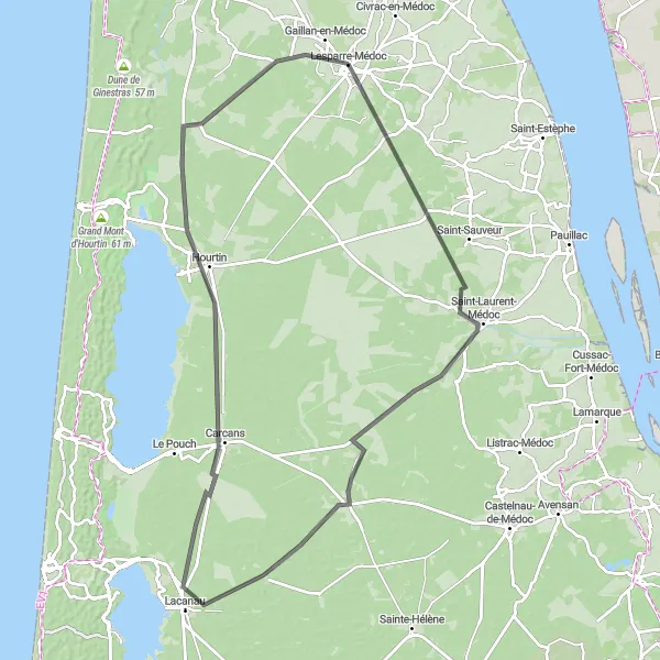 Map miniature of "Medoc Wine Trail" cycling inspiration in Aquitaine, France. Generated by Tarmacs.app cycling route planner