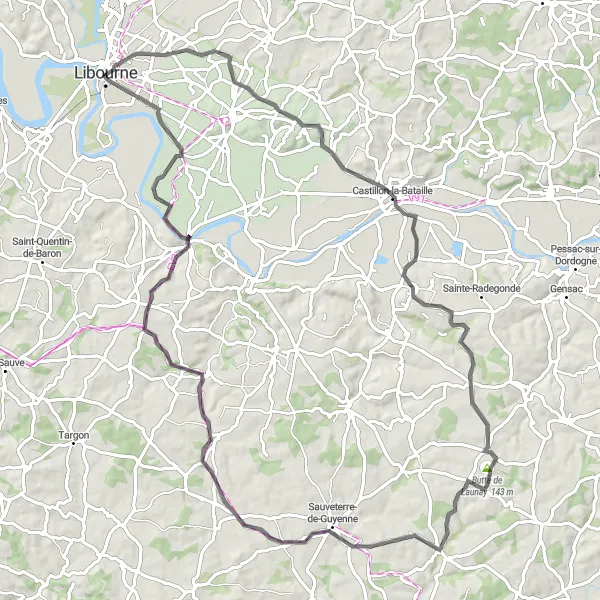 Miniature de la carte de l'inspiration cycliste "Sentiers de Sauveterre-de-Guyenne" dans la Aquitaine, France. Générée par le planificateur d'itinéraire cycliste Tarmacs.app