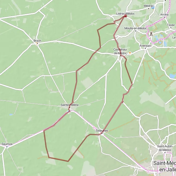 Miniatua del mapa de inspiración ciclista "Ruta de Grava a Sainte-Hélène" en Aquitaine, France. Generado por Tarmacs.app planificador de rutas ciclistas