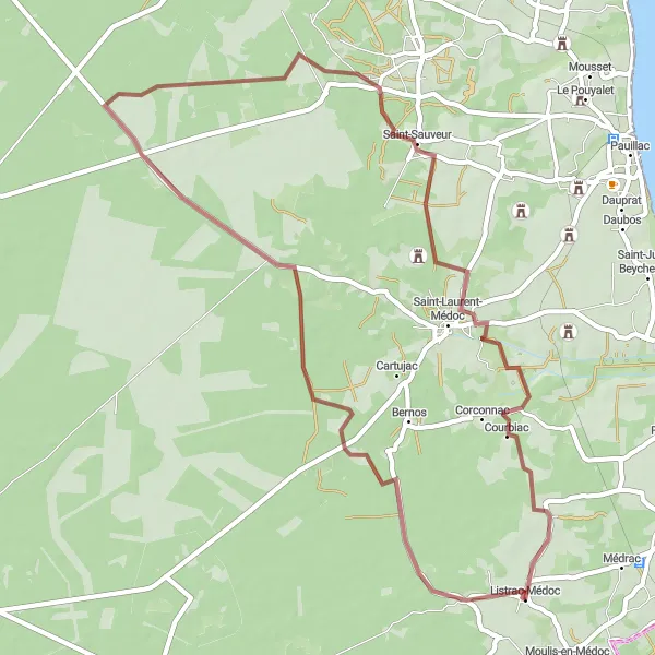 Map miniature of "Listrac-Médoc Gravel Route" cycling inspiration in Aquitaine, France. Generated by Tarmacs.app cycling route planner