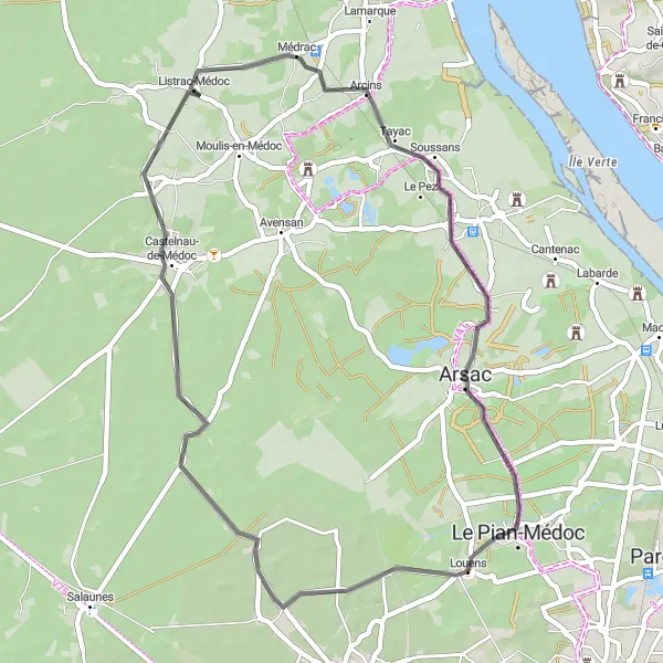 Map miniature of "Coastal Road Cycling Route near Listrac-Médoc" cycling inspiration in Aquitaine, France. Generated by Tarmacs.app cycling route planner