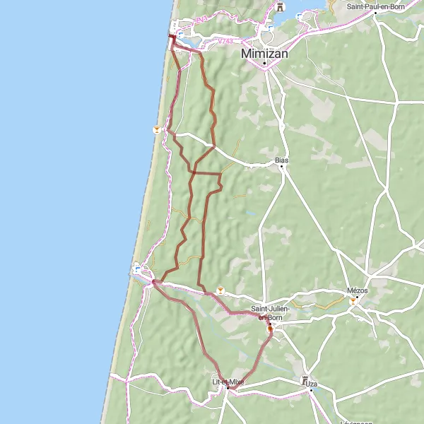 Map miniature of "Gravel Adventure to Belvédère de la Mailloueyre" cycling inspiration in Aquitaine, France. Generated by Tarmacs.app cycling route planner