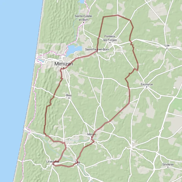 Map miniature of "The Gravel Adventure" cycling inspiration in Aquitaine, France. Generated by Tarmacs.app cycling route planner