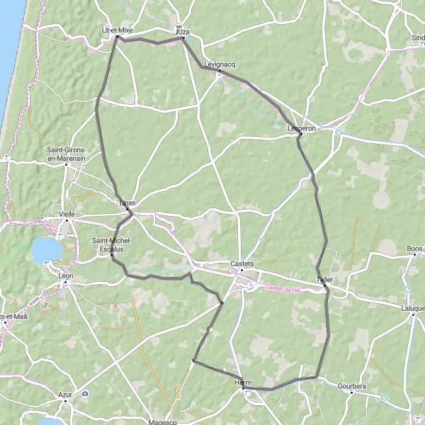 Map miniature of "Lit-et-Mixe to Lesperon Circular Road Cycling Route" cycling inspiration in Aquitaine, France. Generated by Tarmacs.app cycling route planner