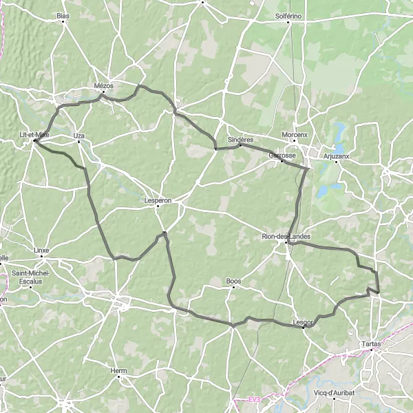 Map miniature of "Scenic Road Cycling Loop from Lit-et-Mixe to Ancienne Cheminée" cycling inspiration in Aquitaine, France. Generated by Tarmacs.app cycling route planner