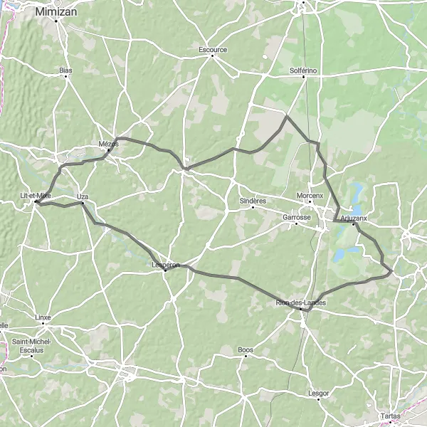 Map miniature of "Mézos to Uza Road Cycling Route" cycling inspiration in Aquitaine, France. Generated by Tarmacs.app cycling route planner