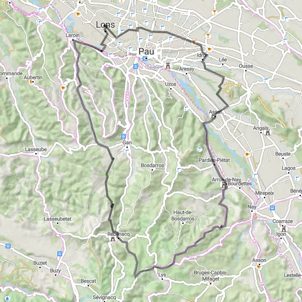 Miniature de la carte de l'inspiration cycliste "Parcours de 69 km en vélo de route depuis Lons" dans la Aquitaine, France. Générée par le planificateur d'itinéraire cycliste Tarmacs.app