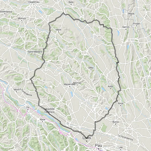 Miniature de la carte de l'inspiration cycliste "Épique circuit de 111 km en vélo de route près de Lons" dans la Aquitaine, France. Générée par le planificateur d'itinéraire cycliste Tarmacs.app