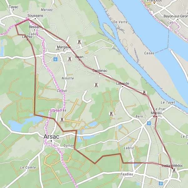 Miniatua del mapa de inspiración ciclista "Ruta de Gravel por Margaux y alrededores" en Aquitaine, France. Generado por Tarmacs.app planificador de rutas ciclistas