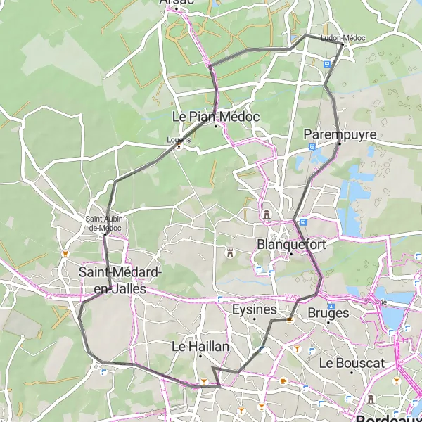 Map miniature of "Scenic Road Cycling Route to Château La Lagune" cycling inspiration in Aquitaine, France. Generated by Tarmacs.app cycling route planner