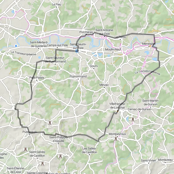 Miniature de la carte de l'inspiration cycliste "Trésors de Saint-Seurin-sur-l'Isle" dans la Aquitaine, France. Générée par le planificateur d'itinéraire cycliste Tarmacs.app