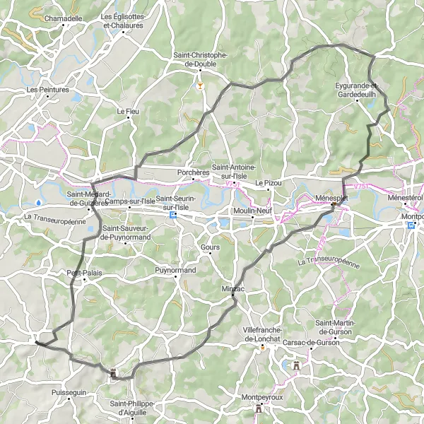 Miniature de la carte de l'inspiration cycliste "Tour à vélo de route vers Château de Monbadon" dans la Aquitaine, France. Générée par le planificateur d'itinéraire cycliste Tarmacs.app