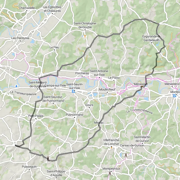 Map miniature of "Lussac - Minzac Loop" cycling inspiration in Aquitaine, France. Generated by Tarmacs.app cycling route planner