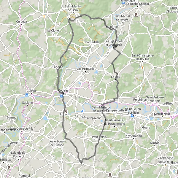 Miniature de la carte de l'inspiration cycliste "Boucle pittoresque à vélo autour de Lussac" dans la Aquitaine, France. Générée par le planificateur d'itinéraire cycliste Tarmacs.app
