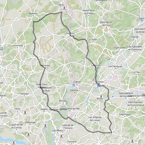 Map miniature of "Lussac to Savignac-de-l'Isle and Coutras Loop" cycling inspiration in Aquitaine, France. Generated by Tarmacs.app cycling route planner