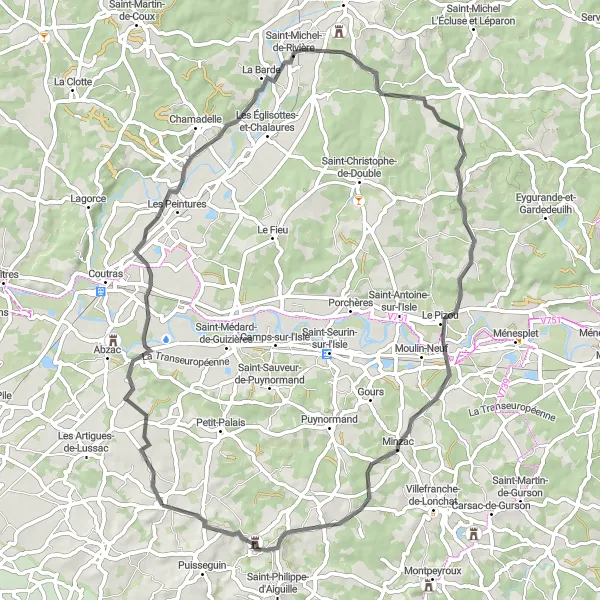 Miniature de la carte de l'inspiration cycliste "Parcours pittoresque à vélo vers Château de Monbadon" dans la Aquitaine, France. Générée par le planificateur d'itinéraire cycliste Tarmacs.app