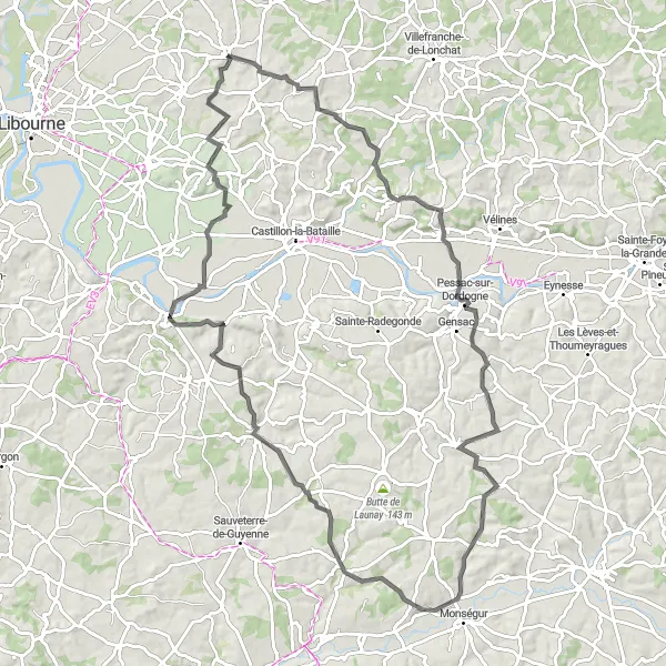 Map miniature of "Lussac to Château de Monbadon and Sainte-Terre Loop" cycling inspiration in Aquitaine, France. Generated by Tarmacs.app cycling route planner