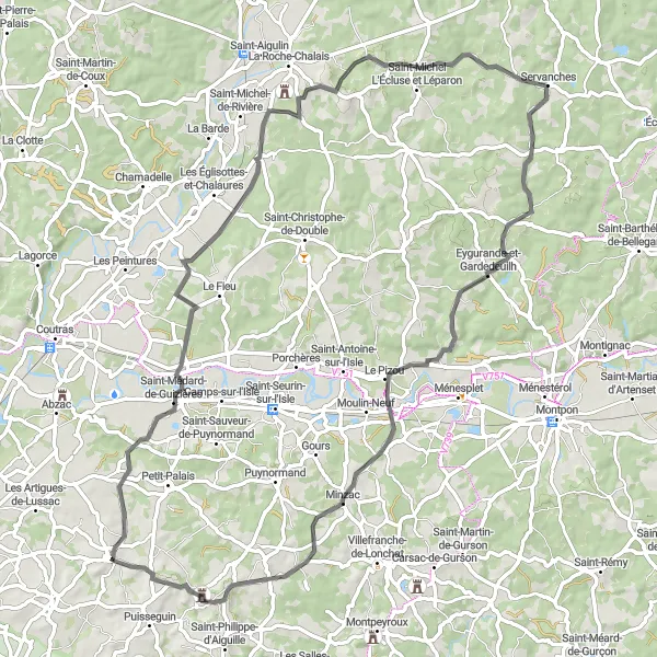 Map miniature of "Lussac to Saint-Médard-de-Guizières and Le Pizou Loop" cycling inspiration in Aquitaine, France. Generated by Tarmacs.app cycling route planner