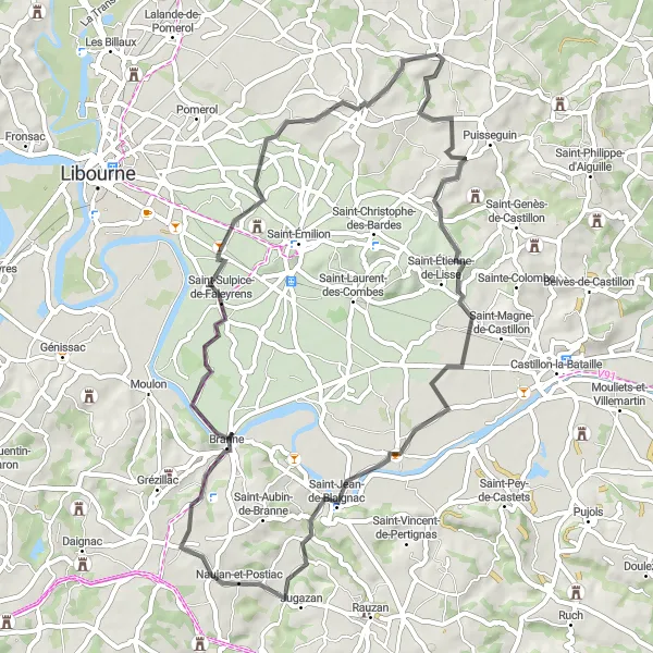 Miniature de la carte de l'inspiration cycliste "Du Charme de Saint-Étienne-de-Lisse" dans la Aquitaine, France. Générée par le planificateur d'itinéraire cycliste Tarmacs.app