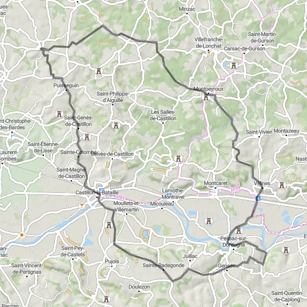 Map miniature of "Lussac - Castillon-la-Bataille Loop" cycling inspiration in Aquitaine, France. Generated by Tarmacs.app cycling route planner