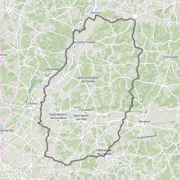 Miniature de la carte de l'inspiration cycliste "Parcours panoramique à vélo autour de Lussac" dans la Aquitaine, France. Générée par le planificateur d'itinéraire cycliste Tarmacs.app