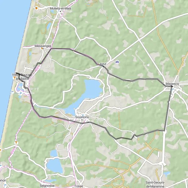 Map miniature of "Soustons Loop" cycling inspiration in Aquitaine, France. Generated by Tarmacs.app cycling route planner