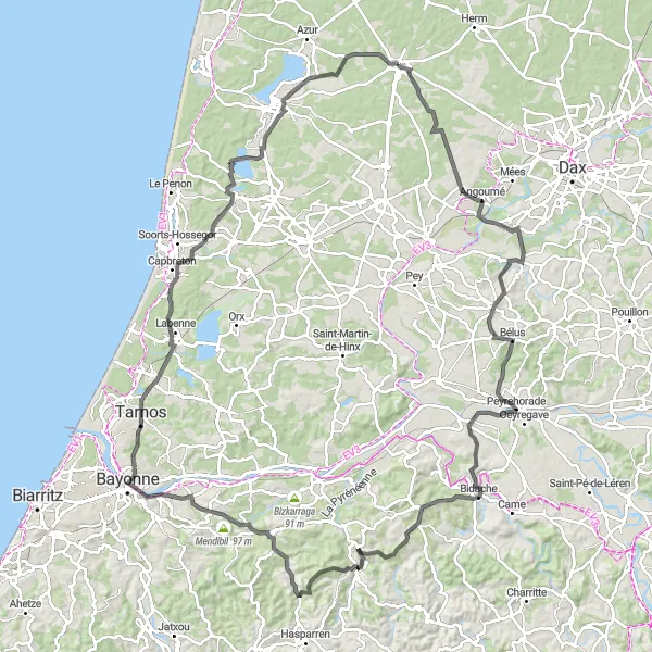 Miniature de la carte de l'inspiration cycliste "La Boucle Basque" dans la Aquitaine, France. Générée par le planificateur d'itinéraire cycliste Tarmacs.app