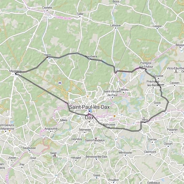 Miniature de la carte de l'inspiration cycliste "Entre Fleuve et Pyrénées" dans la Aquitaine, France. Générée par le planificateur d'itinéraire cycliste Tarmacs.app