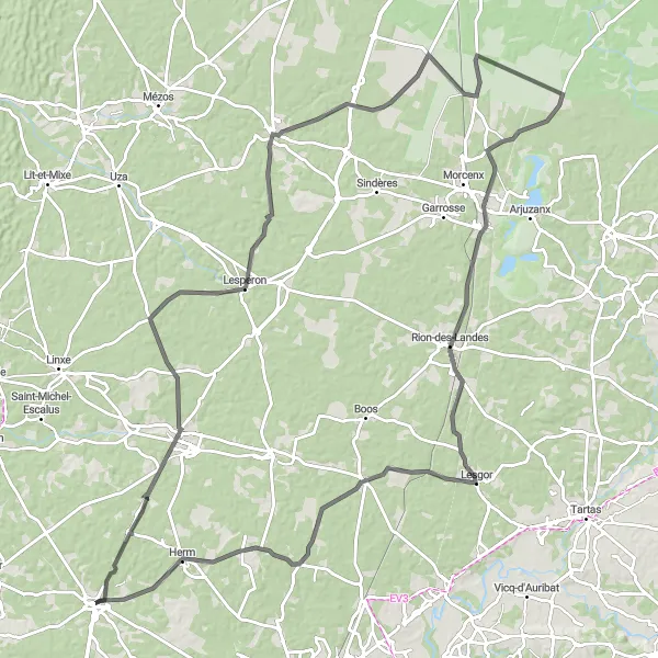 Miniature de la carte de l'inspiration cycliste "Le Tour des Landes" dans la Aquitaine, France. Générée par le planificateur d'itinéraire cycliste Tarmacs.app