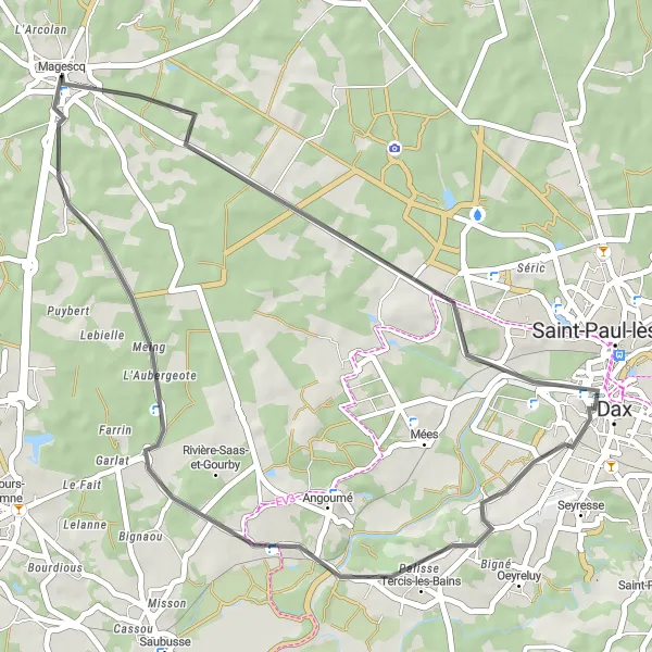 Map miniature of "Road Cycling Delight" cycling inspiration in Aquitaine, France. Generated by Tarmacs.app cycling route planner