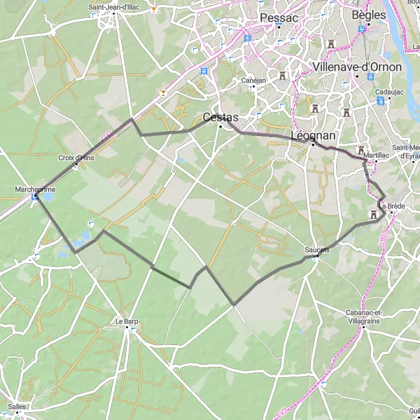 Miniatua del mapa de inspiración ciclista "Marcheprime-Saucats Circular Road Route" en Aquitaine, France. Generado por Tarmacs.app planificador de rutas ciclistas