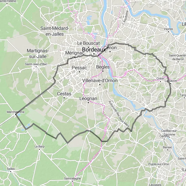 Map miniature of "Marcheprime to Saucats Road Route" cycling inspiration in Aquitaine, France. Generated by Tarmacs.app cycling route planner