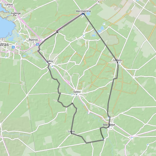 Map miniature of "Marcheprime to Mios Road Route" cycling inspiration in Aquitaine, France. Generated by Tarmacs.app cycling route planner