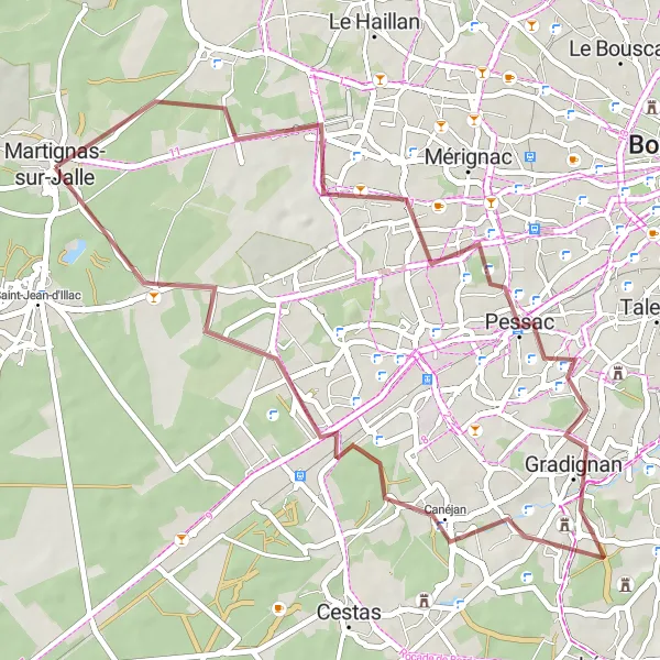 Map miniature of "Discover Canéjan Gravel" cycling inspiration in Aquitaine, France. Generated by Tarmacs.app cycling route planner