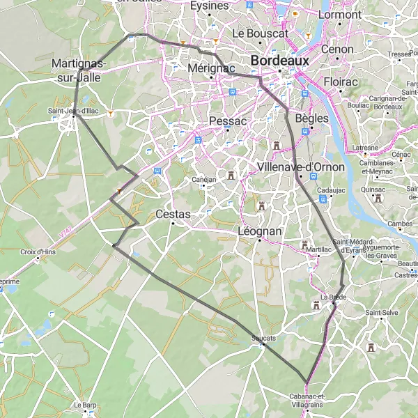Miniatua del mapa de inspiración ciclista "Ruta Escénica de 81 km cerca de Martignas-sur-Jalle" en Aquitaine, France. Generado por Tarmacs.app planificador de rutas ciclistas