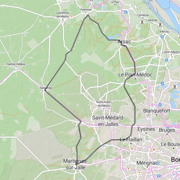 Map miniature of "Salaunes Scenic Ride" cycling inspiration in Aquitaine, France. Generated by Tarmacs.app cycling route planner