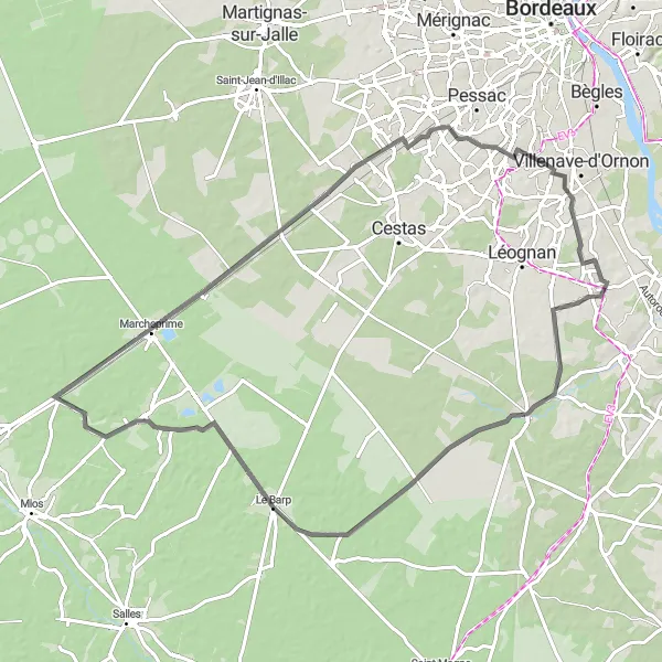 Miniatua del mapa de inspiración ciclista "Ruta en carretera a Saucats y Château de Rochemorin" en Aquitaine, France. Generado por Tarmacs.app planificador de rutas ciclistas