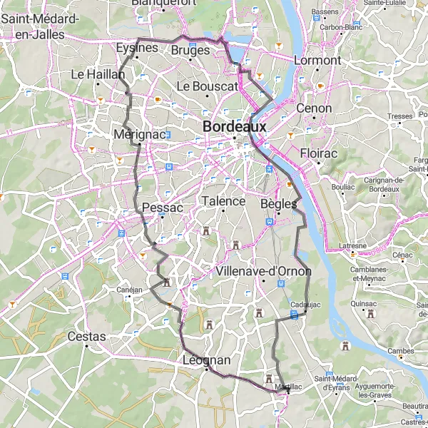 Map miniature of "The Léognan Route" cycling inspiration in Aquitaine, France. Generated by Tarmacs.app cycling route planner