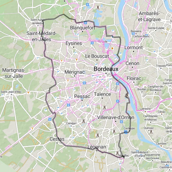 Map miniature of "The Cestas Exploration" cycling inspiration in Aquitaine, France. Generated by Tarmacs.app cycling route planner